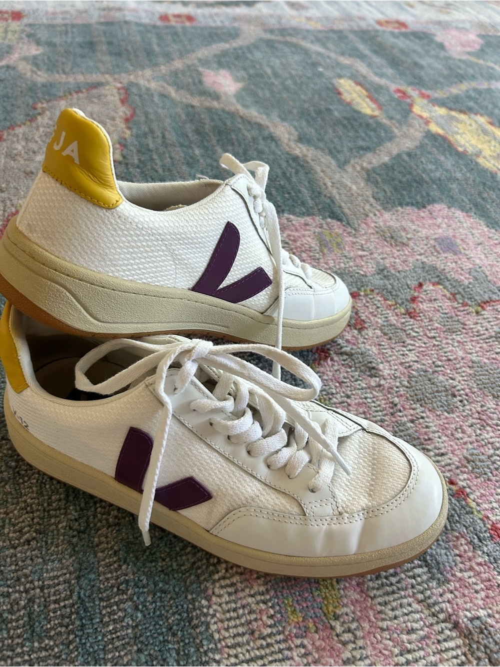 Veja V-12 White Leather Sneakers with Purple V and Yellow Heel Tab - Picture 2 of 8